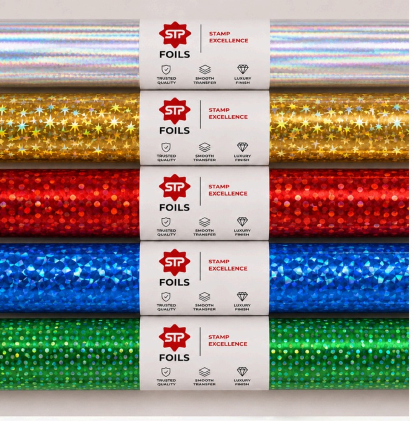 Holographic rolls in silver, gold, red, blue and green patterns