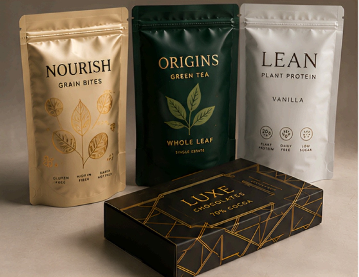 Gold foil details on pouches and a chocolate box