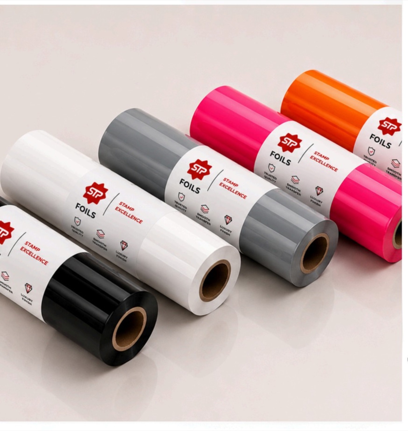 Black, white, grey, pink and orange pigment foil reels